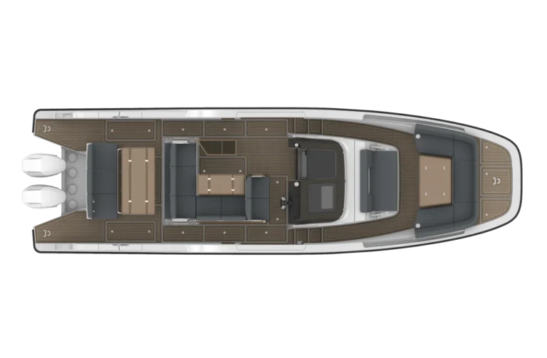 Bow U sofa, Table & Sofa, Wheelhouse L Sofa, Galley & Table, Aft 3 Seats Unit